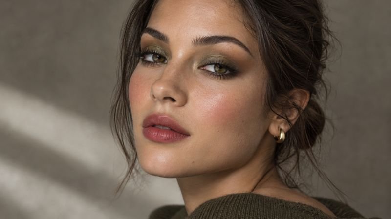 25 Fall Makeup Looks: Easy, Trendy & Wearable Ideas Modern fall makeup featuring olive green eyeshadow, luminous skin, and blurred berry lips