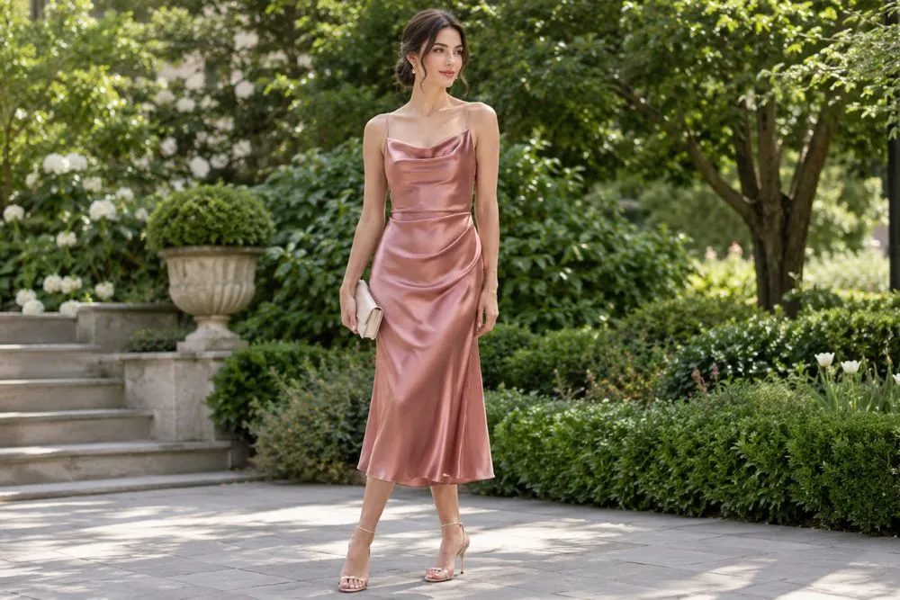Formal Spring Outfit: Elegant Ideas for Every Occasion Elegant pastel satin midi dress styled for a formal spring occasion
