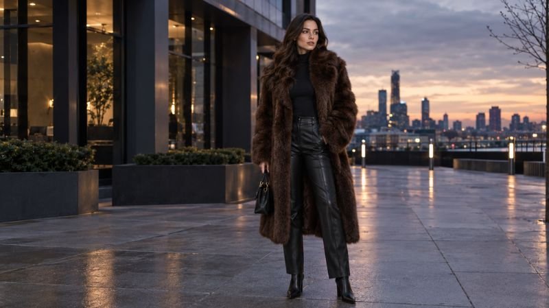 How to Wear a Fur Coat: 15 Stylish Outfit Ideas Dark brown fur coat styled with black leather trousers and heeled ankle boots