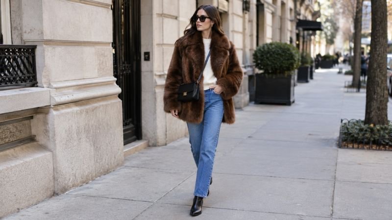 How to Wear a Fur Coat: 15 Stylish Outfit Ideas Brown fur coat paired with straight-leg jeans and leather ankle boots