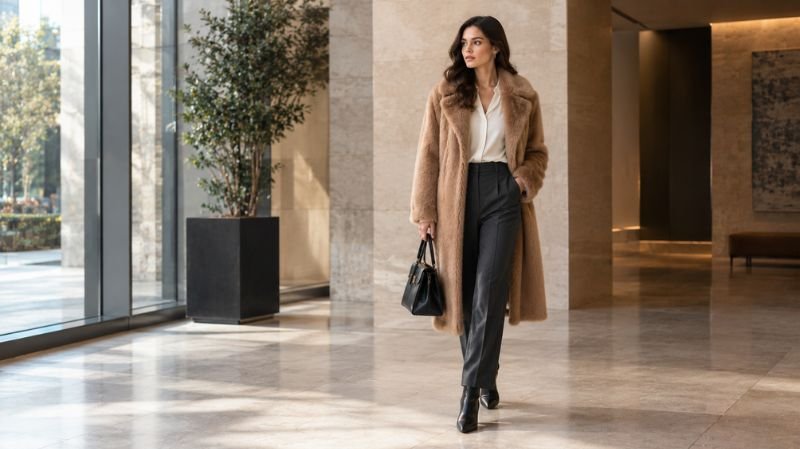 How to Wear a Fur Coat: 15 Stylish Outfit Ideas Camel fur coat paired with tailored charcoal trousers and an ivory blouse