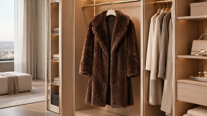 How to Wear a Fur Coat: 15 Stylish Outfit Ideas Fur coat hanging on a broad padded hanger in a clean, spacious wardrobe