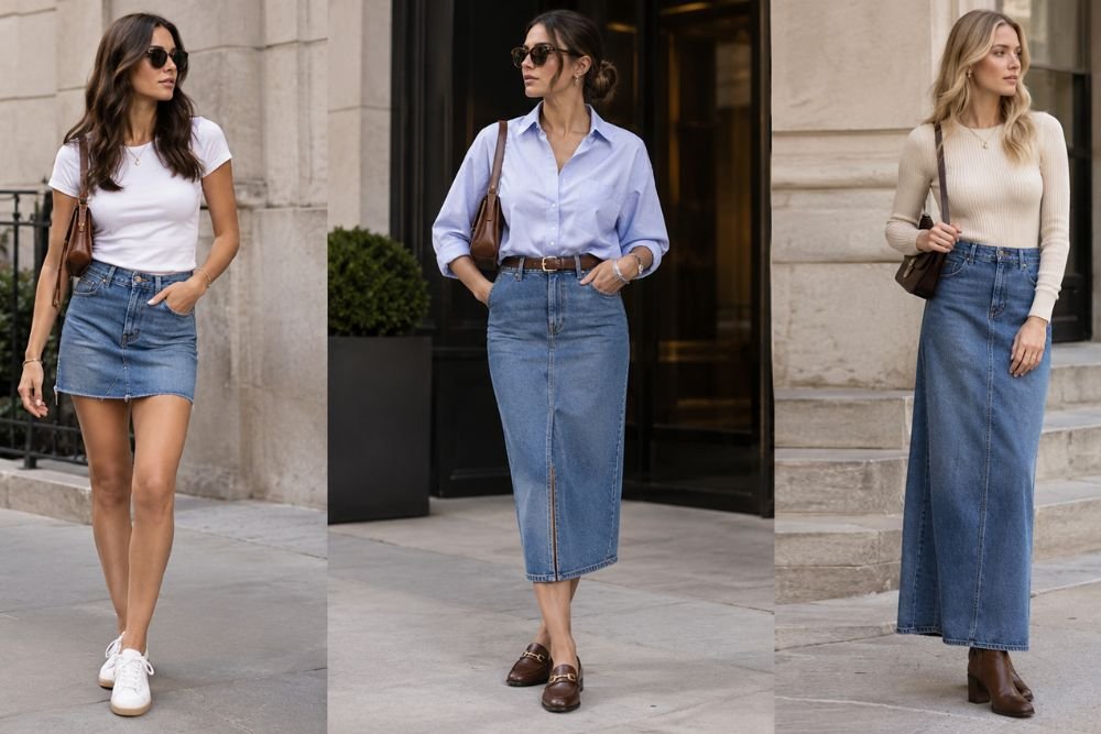 How to Style a Denim Skirt: 30 Chic Outfit Ideas Stylish denim skirt outfits with different tops, shoes, and accessories