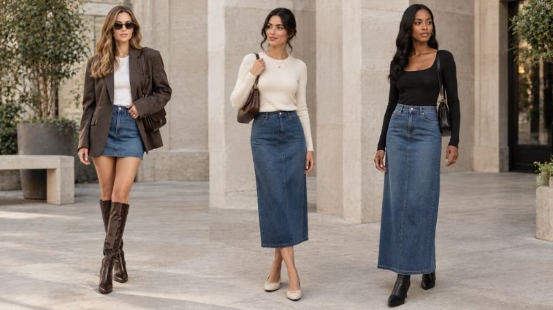 How to Style a Denim Skirt: 30 Chic Outfit Ideas Denim mini midi and maxi skirts styled with balanced proportions