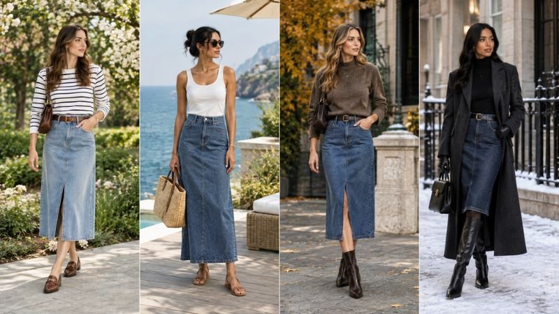 How to Style a Denim Skirt: 30 Chic Outfit Ideas Denim skirt outfits styled for spring summer fall and winter