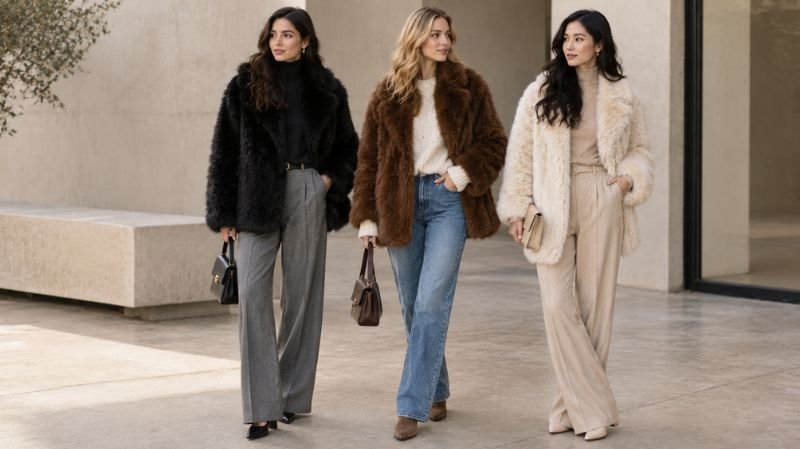How to Wear a Fur Coat: 15 Stylish Outfit Ideas Black, brown, and cream fur coats styled with complementary neutral outfits