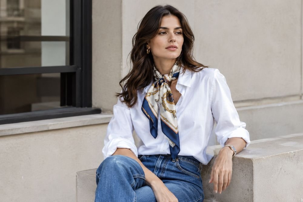 Woman styling a patterned silk scarf with a white shirt and jeans