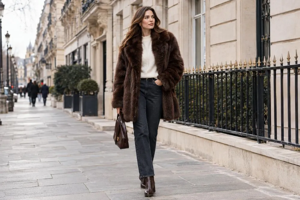 How to Wear a Fur Coat: 15 Stylish Outfit Ideas Woman styling a brown fur coat with a cream knit top and dark jeans