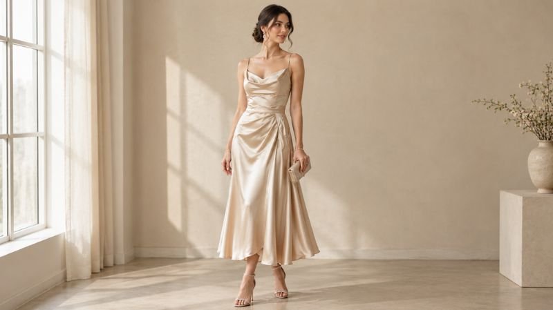 Formal Spring Outfit: Elegant Ideas for Every Occasion Champagne satin formal dress showcasing elegant draping and refined construction