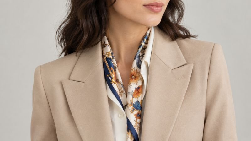Printed silk scarf layered beneath the lapel of a tailored blazer