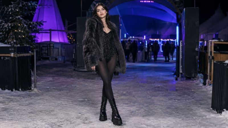Winter Rave Outfits: Cute, Edgy & Warm Looks Sparkly rave bodysuit styled with a faux fur jacket and platform boots