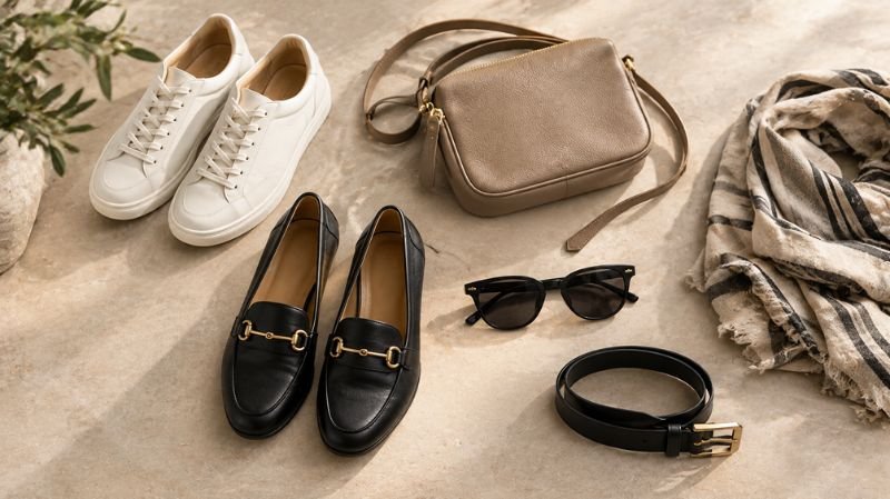 Travel essentials including walking sneakers, loafers, a crossbody bag, sunglasses, and a scarf