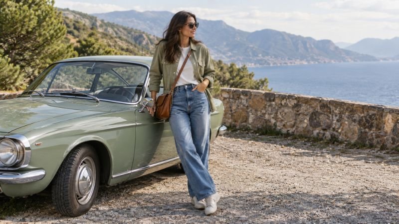 Woman wearing relaxed jeans, a cotton tee, and an overshirt for a road trip