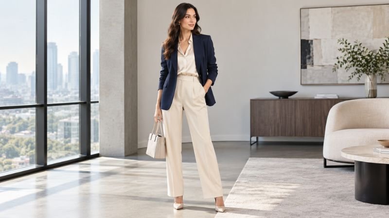 Formal Spring Outfit: Elegant Ideas for Every Occasion Cream tailored trousers with a silk blouse and navy blazer