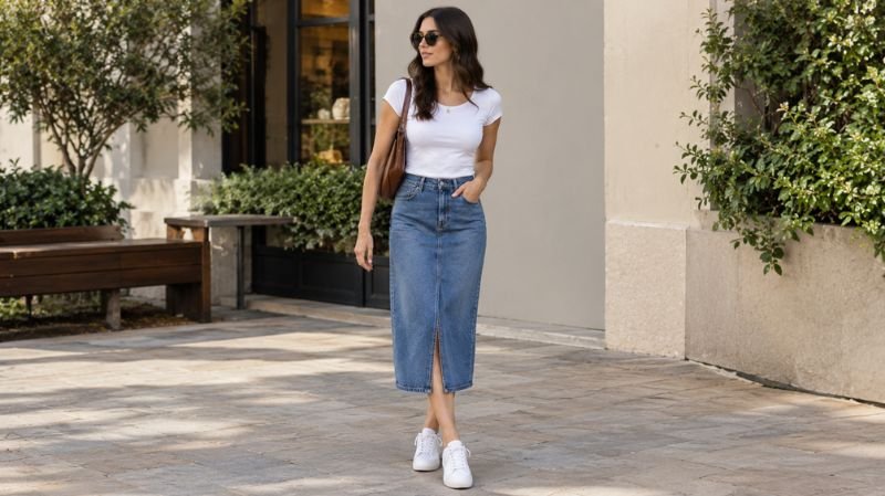 How to Style a Denim Skirt: 30 Chic Outfit Ideas Casual denim skirt outfit with T-shirt, tank top, sneakers, and structured bag