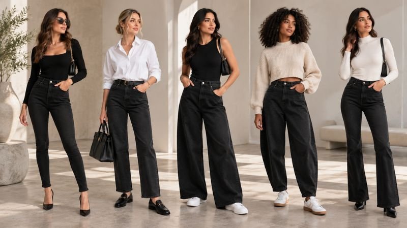 Black jeans styled with different top proportions
