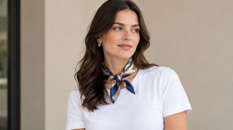 Silk scarf tied in a classic neck knot with a white shirt