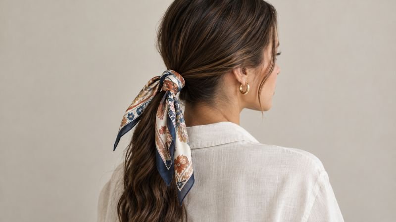 Silk scarf tied around a ponytail with long decorative ends