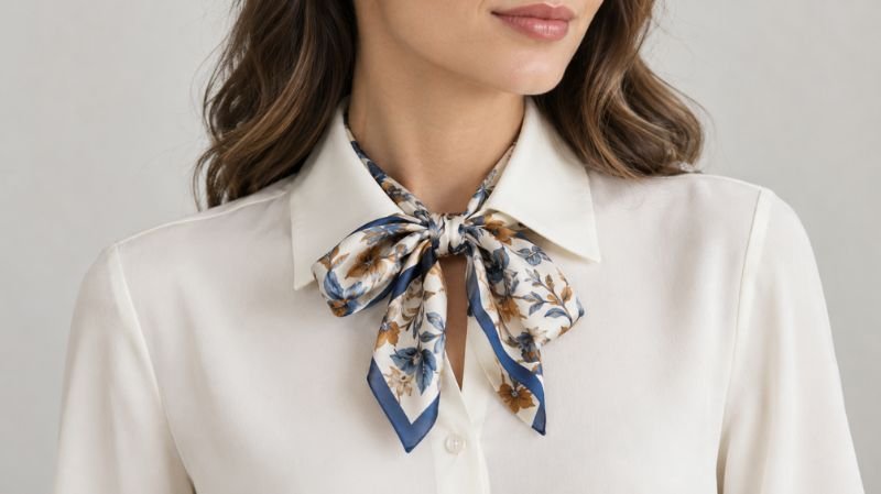Silk scarf tied into a decorative bow beneath a blouse collar