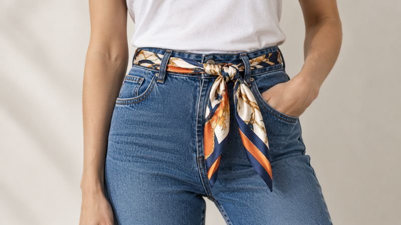 Patterned silk scarf threaded through denim belt loops and tied at the waist