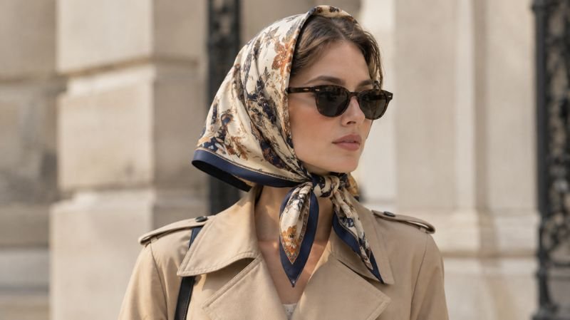 Printed silk babushka headscarf tied beneath the chin