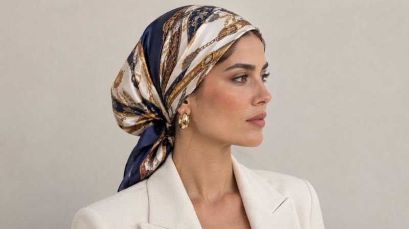 Large silk scarf wrapped securely around the head with overlapping folds