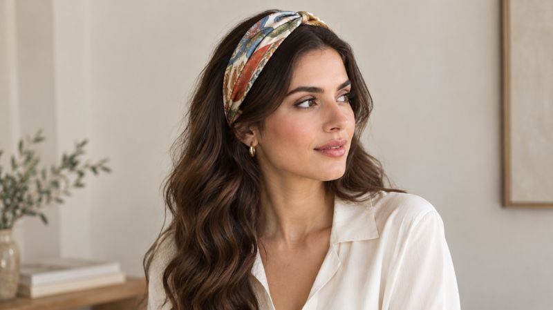 Patterned silk scarf worn as a headband with loose hair