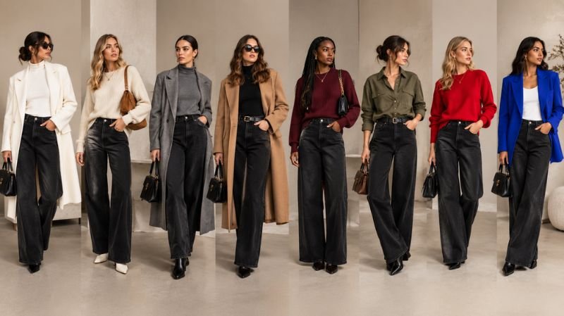 Black jeans styled with different colors