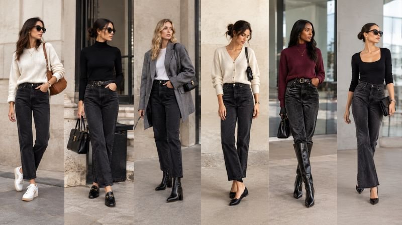 Shoes styled with different black jeans