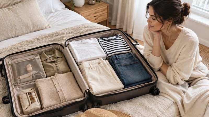 Women's travel capsule wardrobe with coordinated basics packed beside an open suitcase