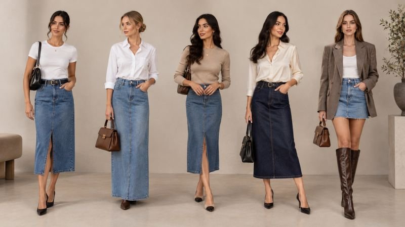 How to Style a Denim Skirt: 30 Chic Outfit Ideas Different tops styled with denim skirts including T-shirts shirts knits and blouses