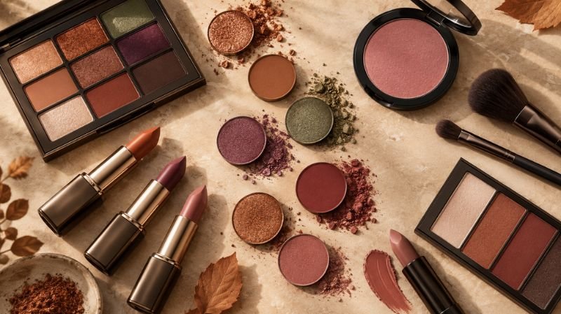 25 Fall Makeup Looks: Easy, Trendy & Wearable Ideas Autumn makeup color palette with copper, bronze, olive, plum, burgundy, and nude shades