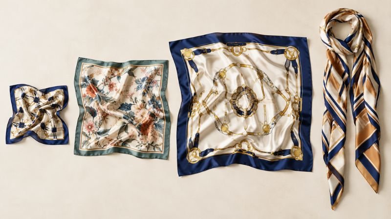 Small medium and large square silk scarves beside a long rectangular scarf