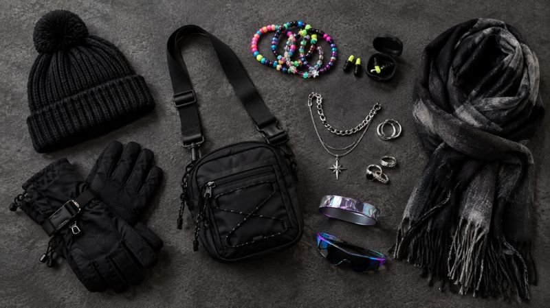 Winter Rave Outfits: Cute, Edgy & Warm Looks Winter rave accessories including a beanie, gloves, reflective jewelry, and a crossbody bag