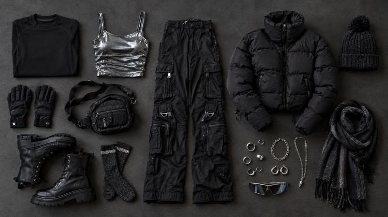 Winter Rave Outfits: Cute, Edgy & Warm Looks Winter rave essentials including layered clothing, boots, gloves, and a small festival bag