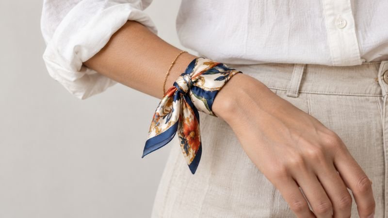 Narrow silk scarf wrapped around a wrist beside simple jewelry