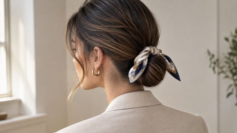 Printed silk scarf wrapped around a low bun with a small bow